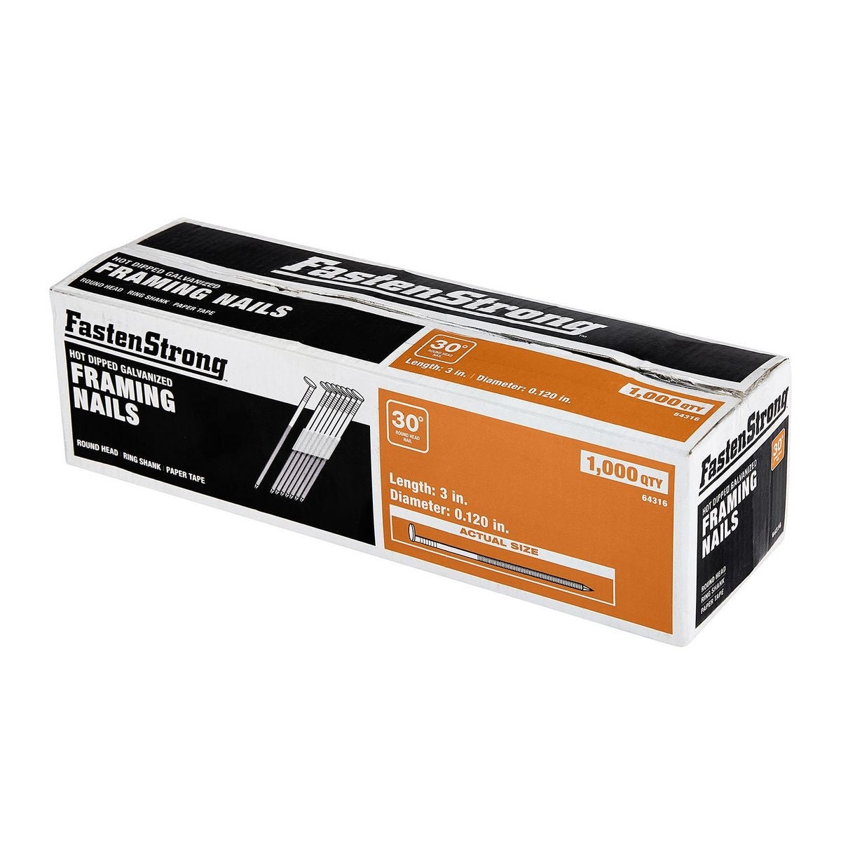 30° 3 In. Galvanized Framing Nails, Ring Shank, 1,000 Pc. FastenStrong