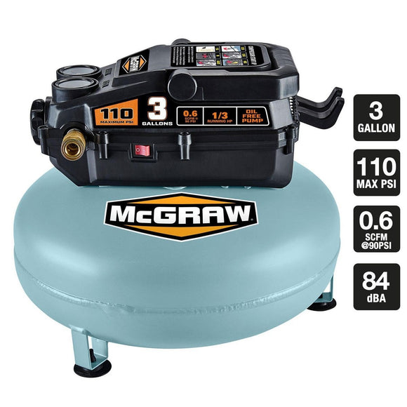 3 Gallon 1/3 HP 110 PSI Oil-Free Pancake Air Compressor McGraw