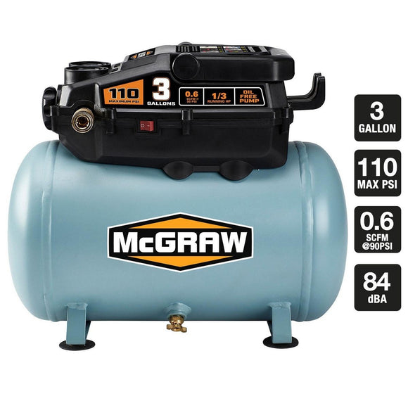 3 Gallon 1/3 HP 110 PSI Oil-Free Hotdog Air Compressor McGraw